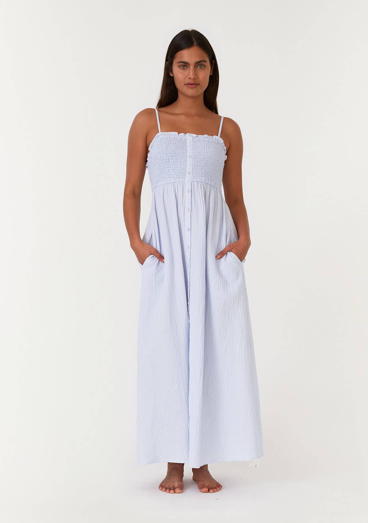Cotton Button Front Smocked Sleeveless Maxi Dress