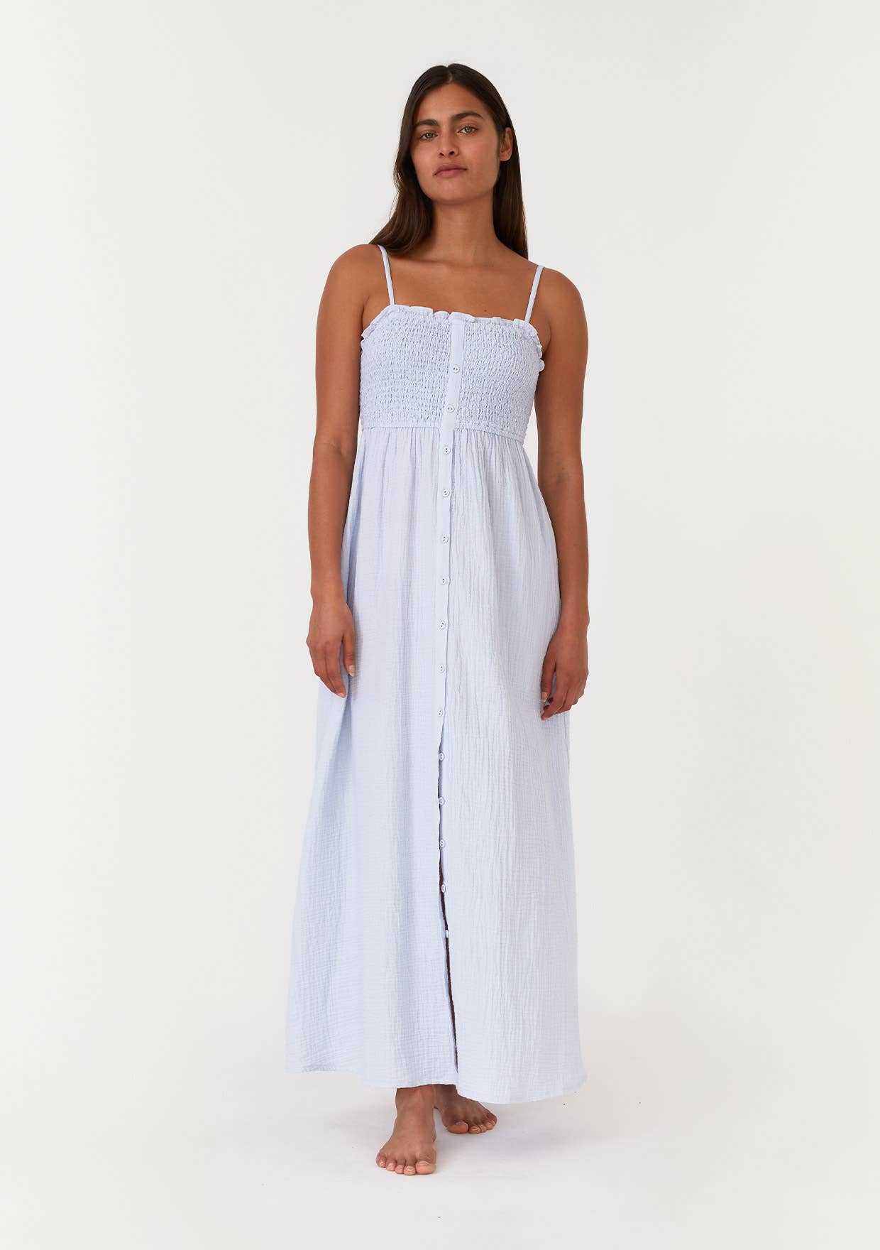 Cotton Button Front Smocked Sleeveless Maxi Dress