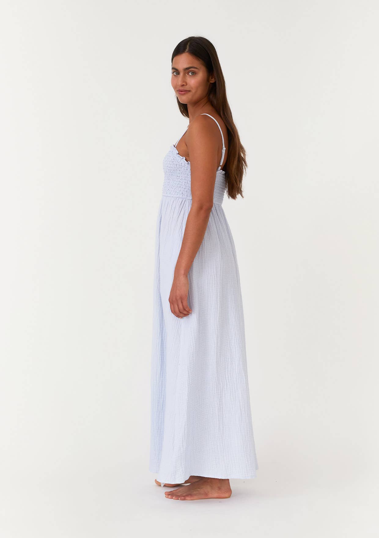Cotton Button Front Smocked Sleeveless Maxi Dress