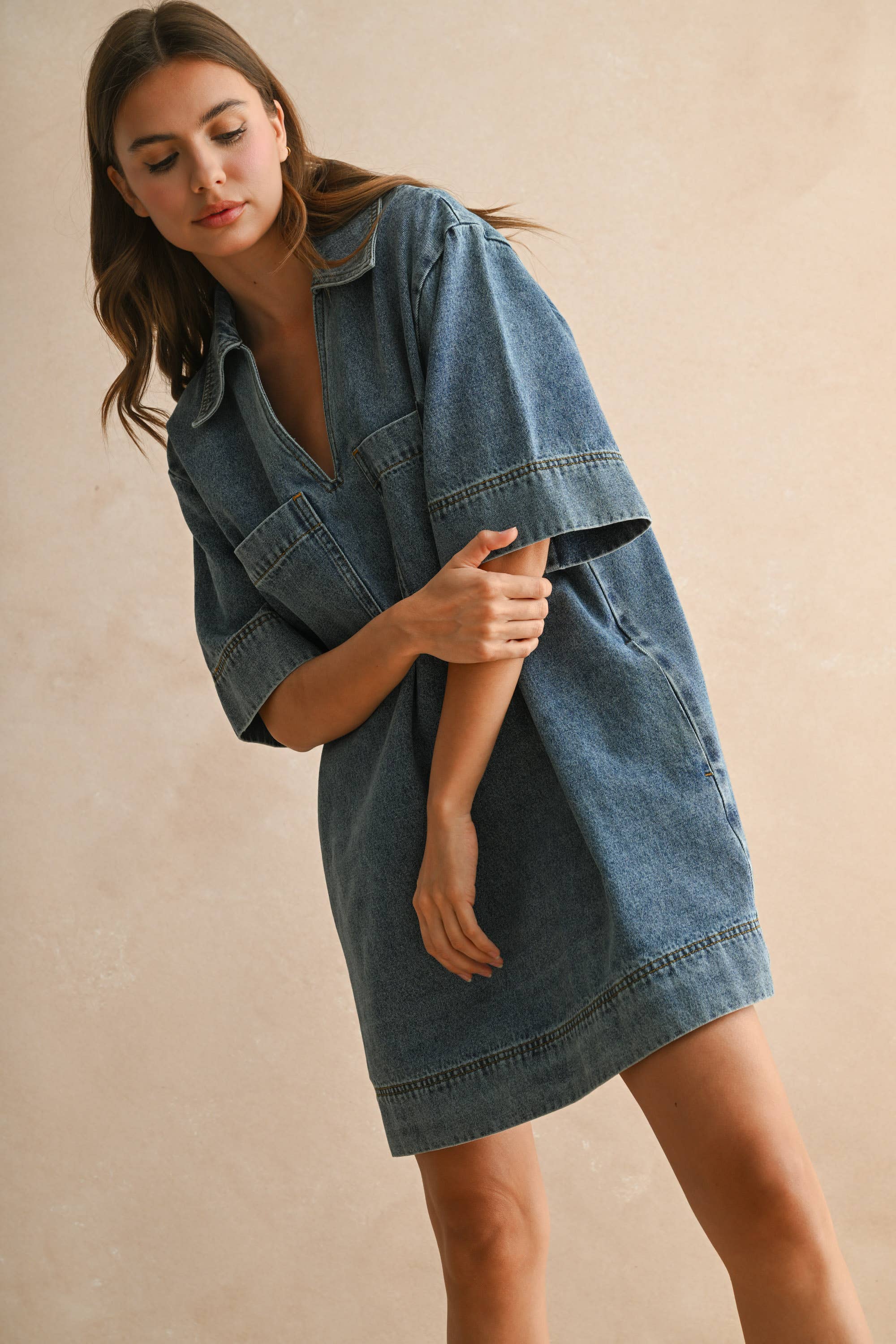 V-NECK DENIM TUNIC DRESS Wild and Woman - Main Image